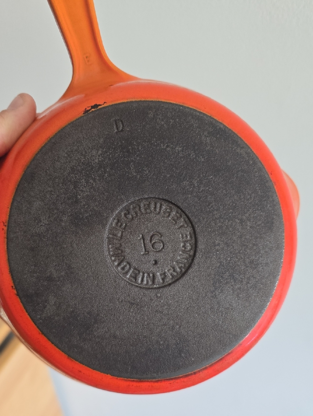 Vintage Le Creuset Orange Enameled Cast Iron Skillet - 16 - Picture 3 of 7